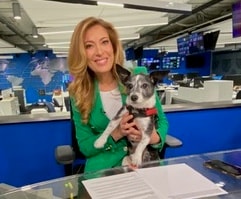 Debra Alfarone holding Murray in a newsroom